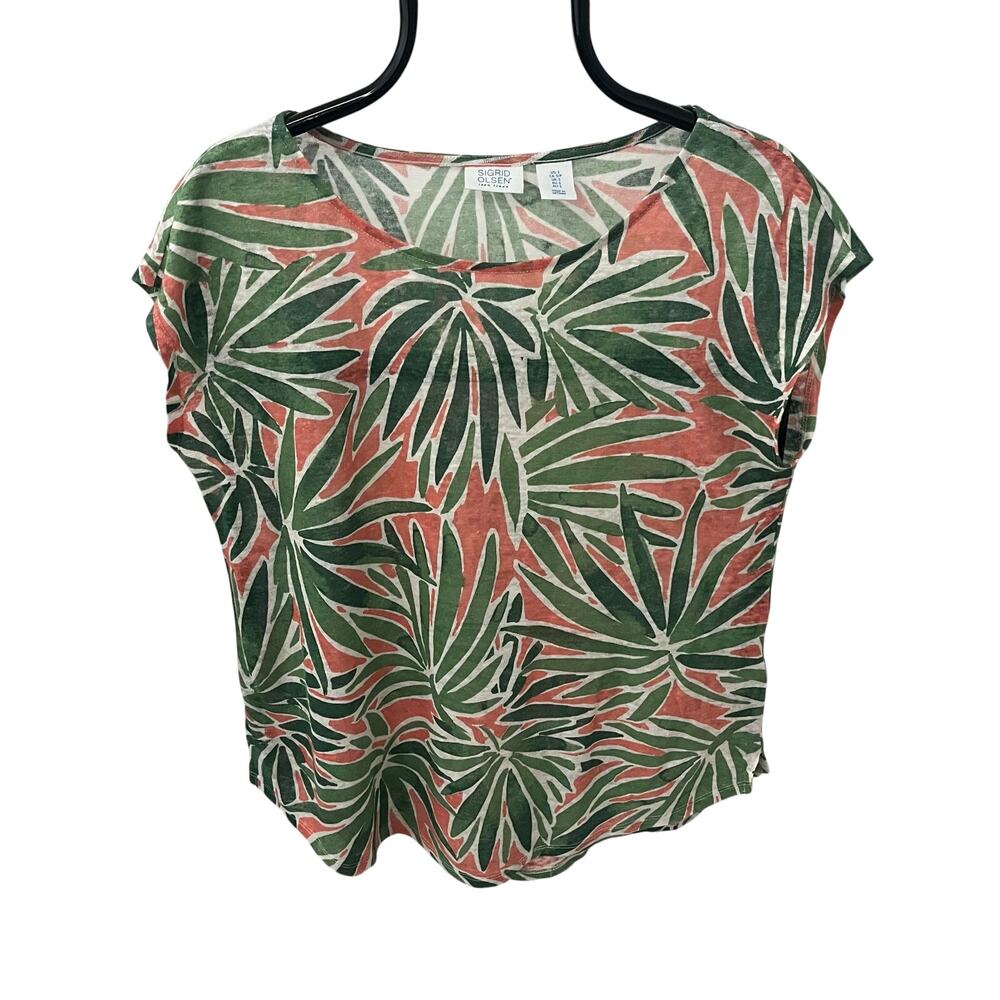Sigrid Olsen Tropical Palm Leaf Print Linen Cap Sleeve Top Shirt Coral Green S